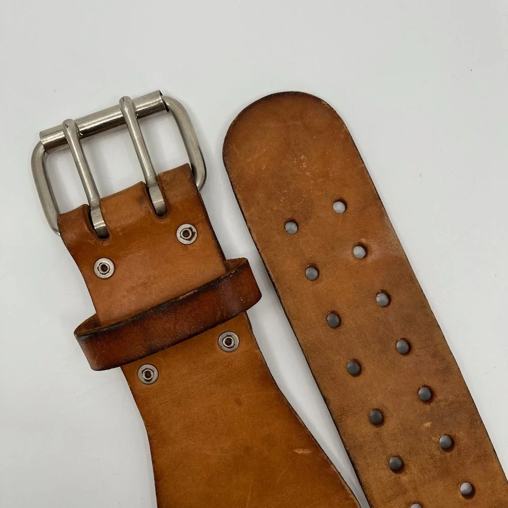 Vtg Leather Weightlifting Belt 32 Double Prong Wide Back Powerlifting Gym 37in